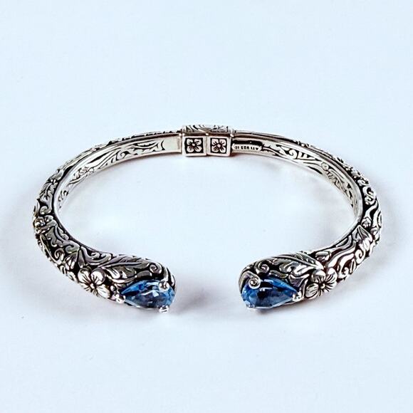 DESIGNER BLUE TOPAZ Floral Hinged Open Cuff Bracelet Sterling Silver Signed - Picture 8 of 11